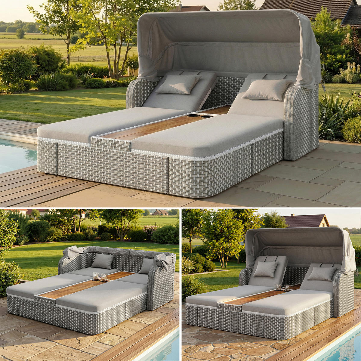 LOUNGESET Beige/Grau Mit Sonnenschutz & Pavillon - Grau, Textil (160/137/192cm) - FLIEKS