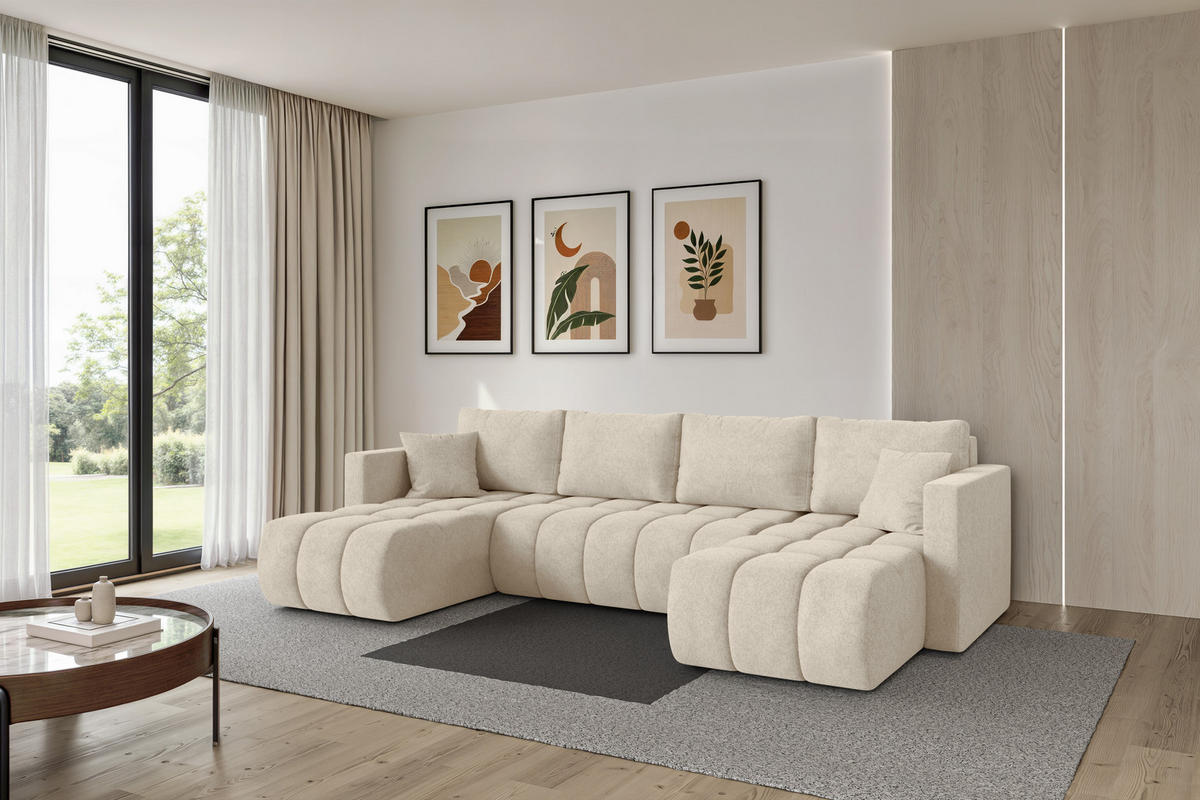 SEDACÍ SOUPRAVA DO U s funkcí spaní a úložným prostorem GARD-U 300x146x85 krémová velur - černá/krémová, kompozitní dřevo/textil (300/85/146cm) - ALTDECOR