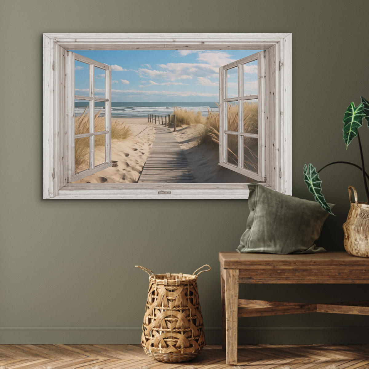 AKUSTIKBILD Fenster - Meer - Küste - Natur - Ausblick - Strand - Wattenmeer Akustikpaneele 90x60 cm - Beige, Kunststoff (90/60/0.9cm) - MuchoWow