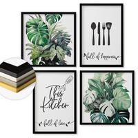 WANDBILDER 4er-Set - 50x50 cm & 40x60 cm Schwarzer Rahmen - Küchenutensilienmuster Blätter - Schwarz, Kunststoff (50/50cm) - ArtPrintCave