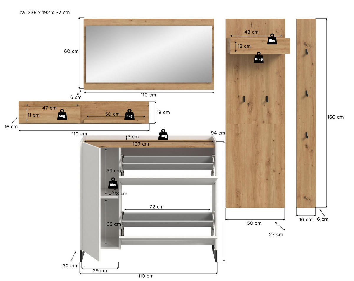 GARDEROBE Flow (B/H/T: ca. 236/192/32 cm) 5 tlg. in Weiß/weiß - Weiß, Holzwerkstoff (236/192/32cm) - Homes & Jones
