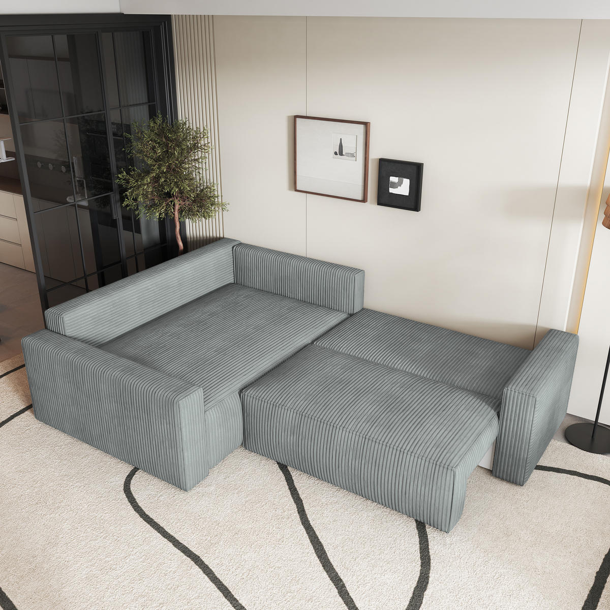 ECKSOFA ERONIS L-S Hellgrau Kordstoff mit Schlaffunktion - Hellgrau, Holz (265/194cm) - MASSENO