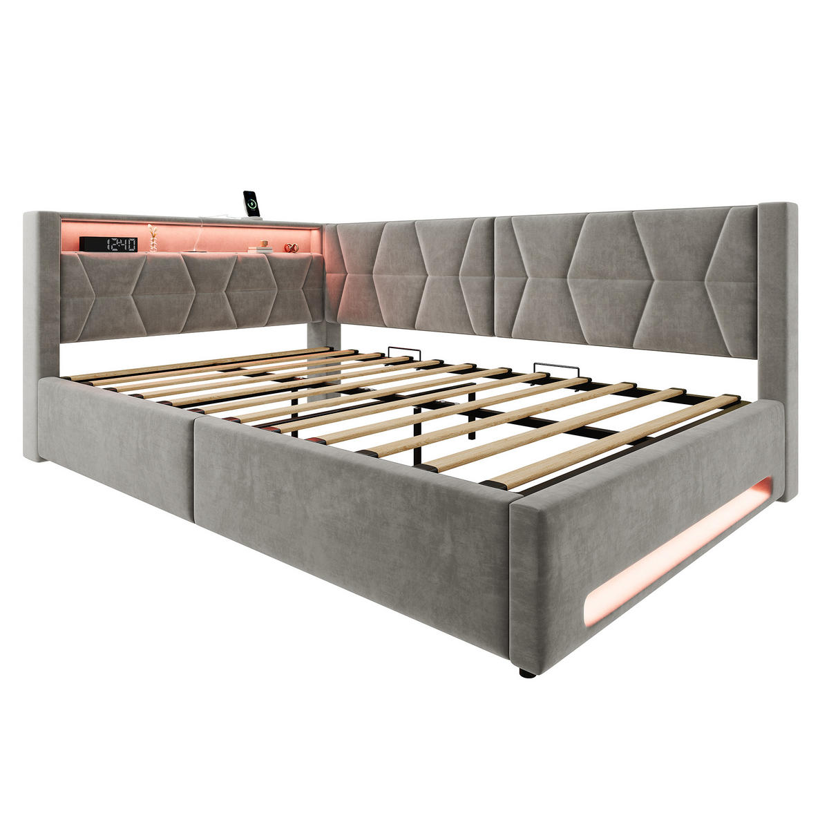 POLSTERBETT 140/200 cm in Dunkelgrau mit Bettkasten, LED, USB & Type-C aus Samt mit Lattenrost - Grau, Holzwerkstoff/Textil (140/200cm) - STILVORA