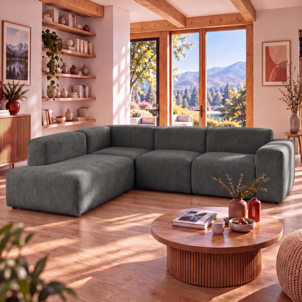 4-SITZER modulares Ecksofa HEAVEN SET 2 Links, Breite 300 cm Webstoff Dunkelgrau - Dunkelgrau/Schwarz, Holz/Kunststoff (300/245cm) - Muffo