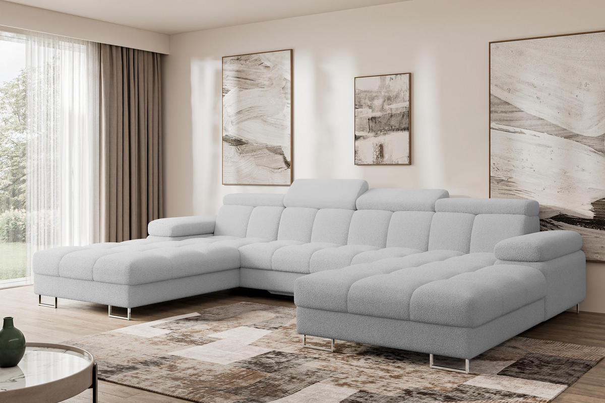 WOHNLANDSCHAFT mit Schlaffunktion und Bettkasten COMA U2 345x203x79 Hellgrau Bouclé - Edelstahlfarben, Holzwerkstoff/Textil (345/79/203cm) - ALTDECOR