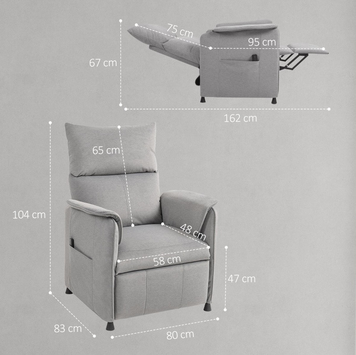 RELAXSESSEL 83/80/104 cm grau aus Polyester elektrisch verstellbar mit Memory-Funktion - Grau, Textil (80/104/83cm) - OKWISH
