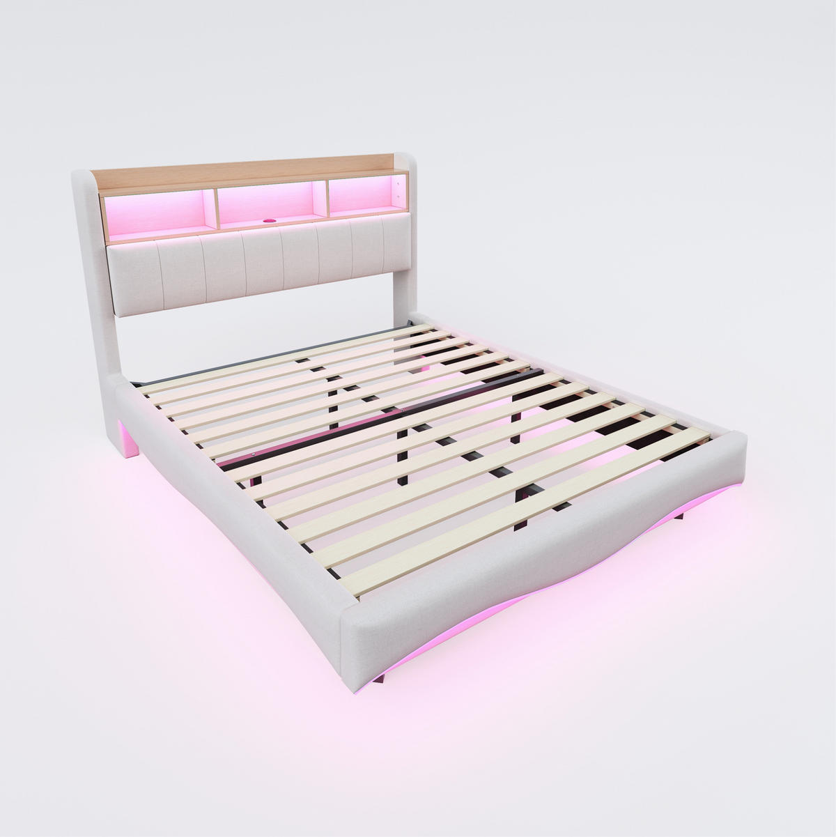 ČALÚNENÁ posteľ 160/200 cm s LED osvetlením, USB a Type-C portom, úložným priestorom a kovovým rámom, Béžová - béžová, textil (160/200cm) - Redom