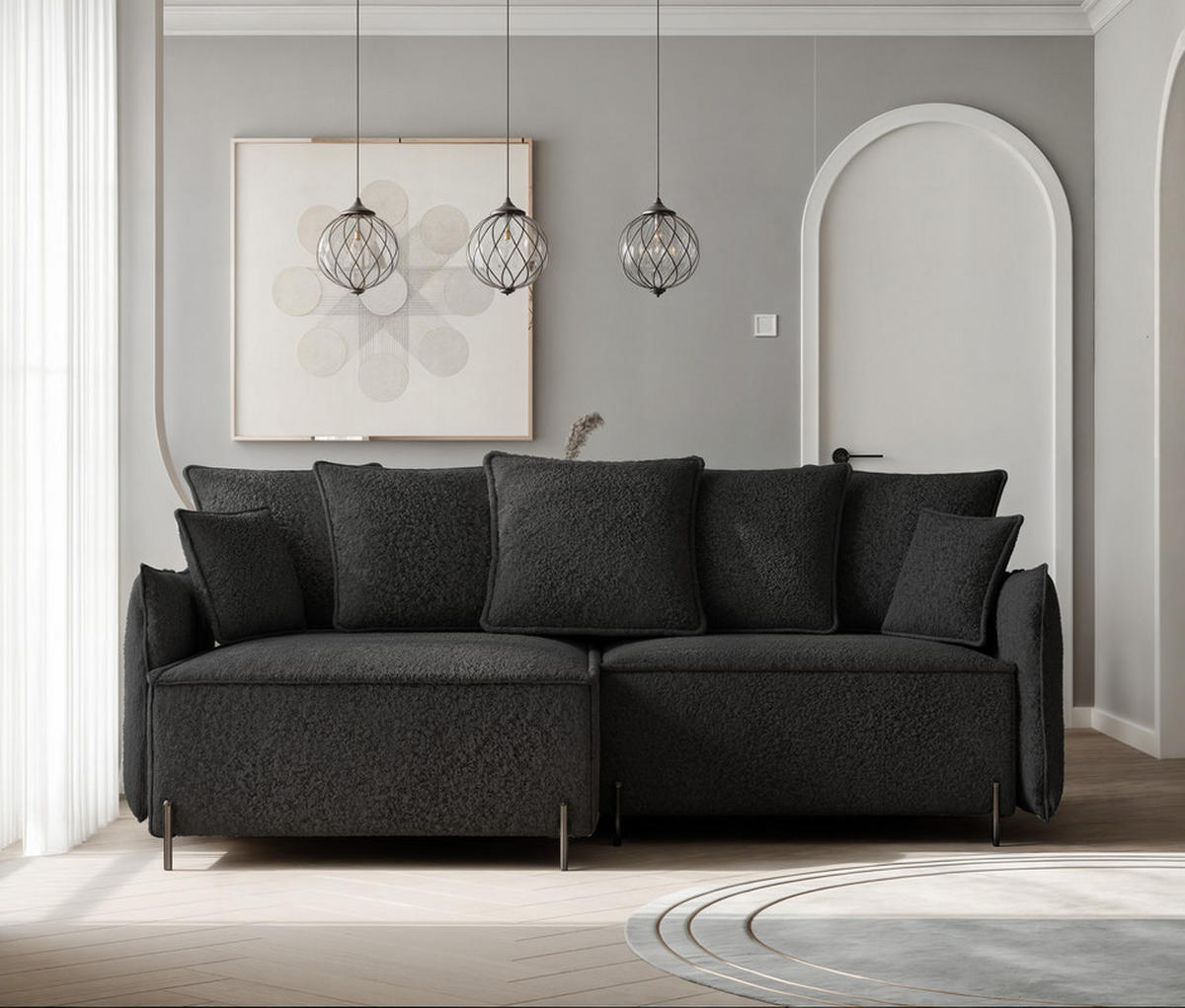ECKSOFA MARCO Links, mit Schlaffunktion und Bettkasten, Anthrazit - Anthrazit, Textil/Metall (221/148cm) - Idohome
