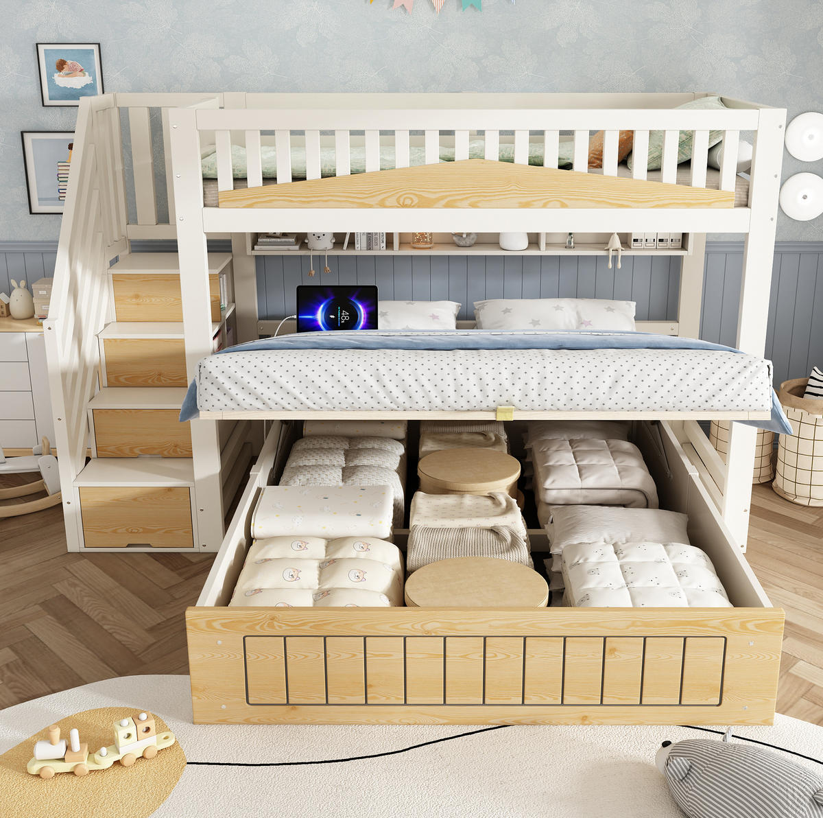 ETAGENBETT aus Holzwerkstoff 90x200 und 140x200 cm Weiß/Natur mit Stauraumtreppe und USB-C - Weiß, Holzwerkstoff (90/200cm) - IVMEU