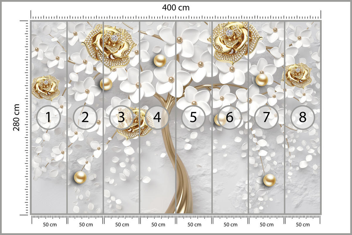FOTOTAPETE für Wohnzimmer Abstrakte Rosen Baum Blumen Räumliche Äste Zweige 400x280 - Gelb/Weiß, Papier (400/280cm) - Muralo
