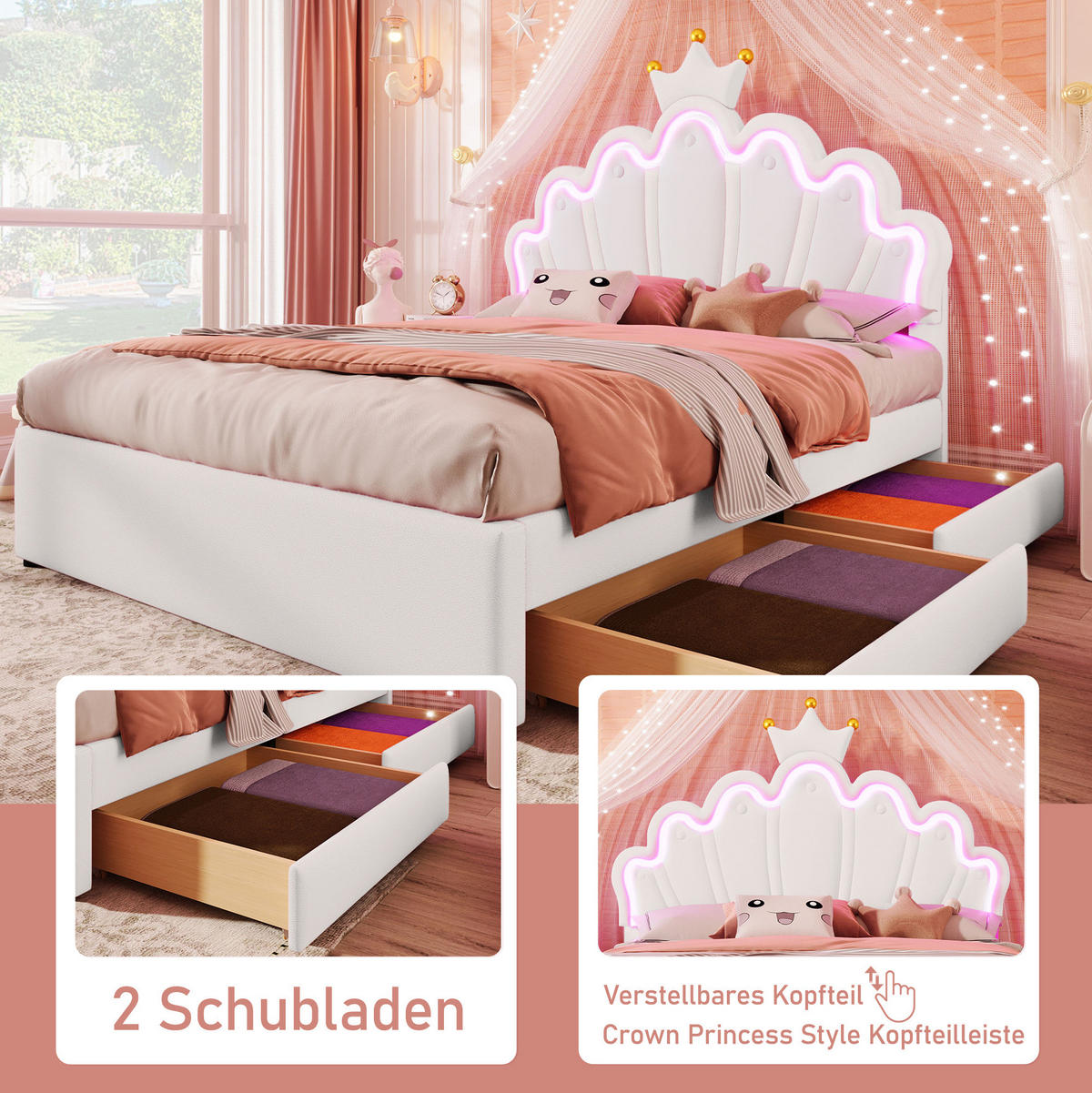 POLSTERBETT 140/200 cm Weiß aus PU mit 2 Schubladen und Lichtleiste - Weiß, Kunststoff (140/200cm) - OKMYHOME