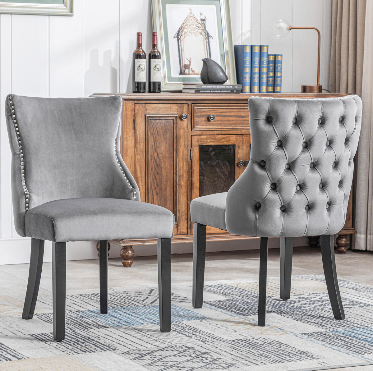STUHL 6er-Set Samt Grau mit Knopfsteppung und Massivholzbeinen - Grau, Metall (50/91/52.2cm) - Meubliv