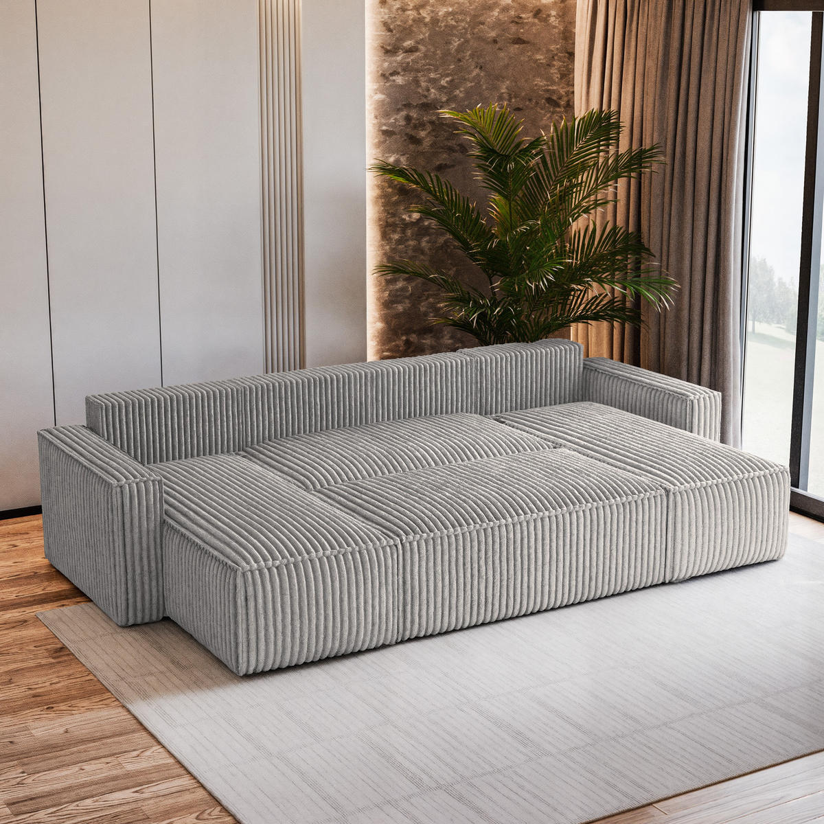 WOHNLANDSCHAFT PESANO T Hellgrau Kordstoff mit Schlaffunktion - Hellgrau, Holz (306/85/140cm) - MASSENO