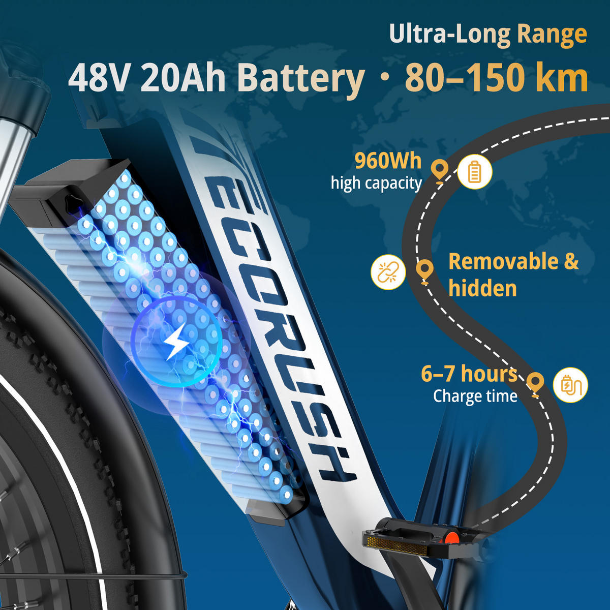 E-BIKE R1 48V-20Ah-Akku mit App 150 km Maximalreichweite - Blau, Metall (87cm) - ECORUSH