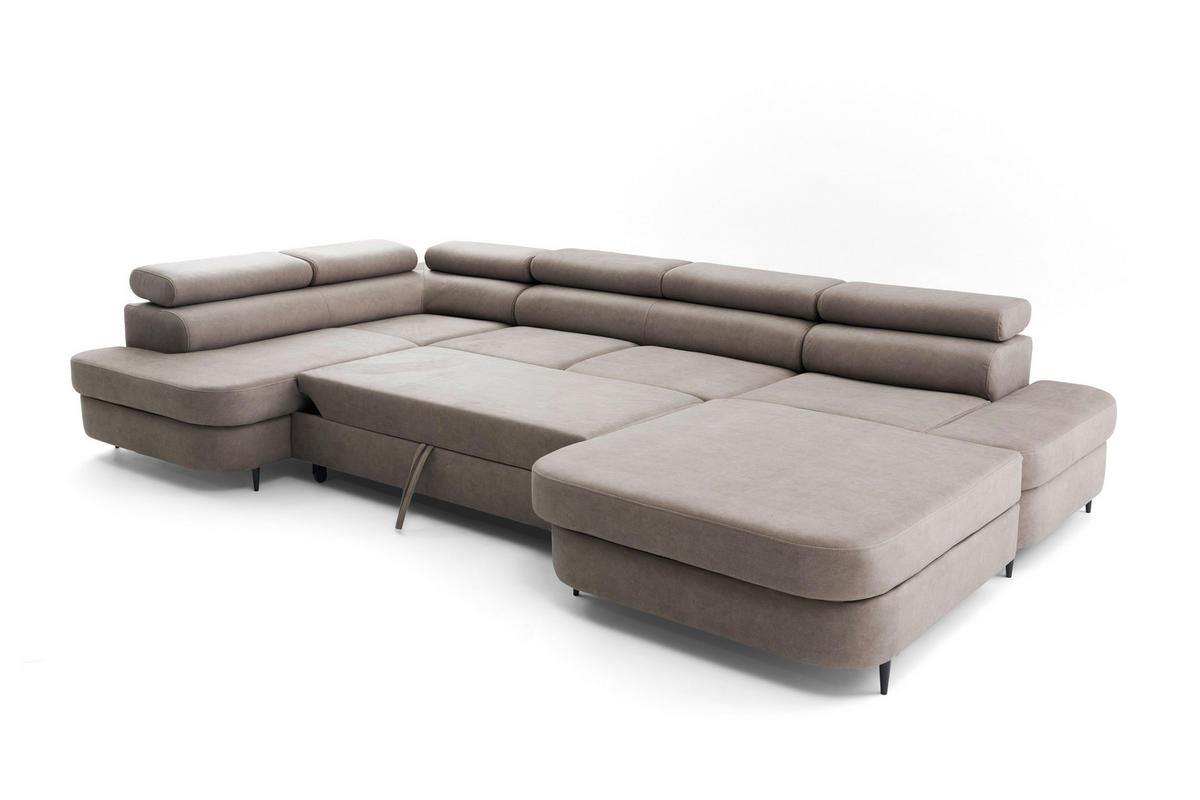 ECKSOFA U-Form PRIAM U Links mit Schlaffunktion 126x270 Velours Beige - Beige/Schwarz, Holz/Textil (350/91/203cm) - Muffo