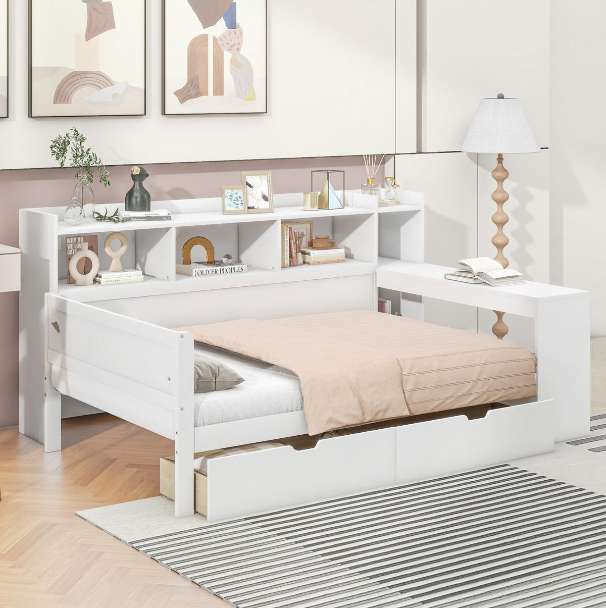 BETT 90/200 cm mit Nachttischablage und USB-Anschluss in Weiß - Weiß, Holzwerkstoff (90/200cm) - OKWISH