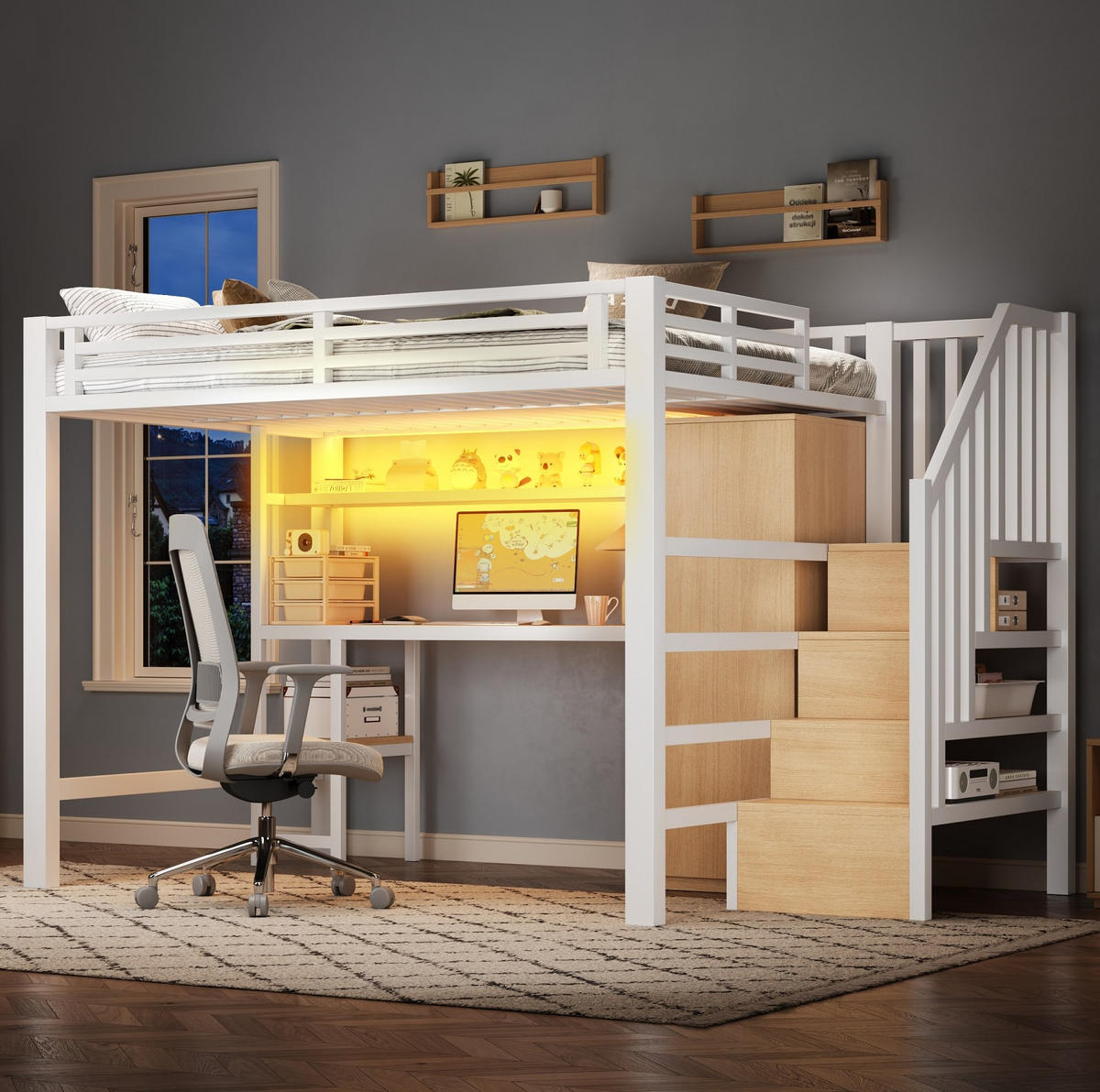 HOCHBETT Metall 140/200 cm mit Schreibtisch, Regal, Kleiderschrank und LED-Beleuchtung, Weiß - Weiß, Holzwerkstoff (140/200cm) - Redom