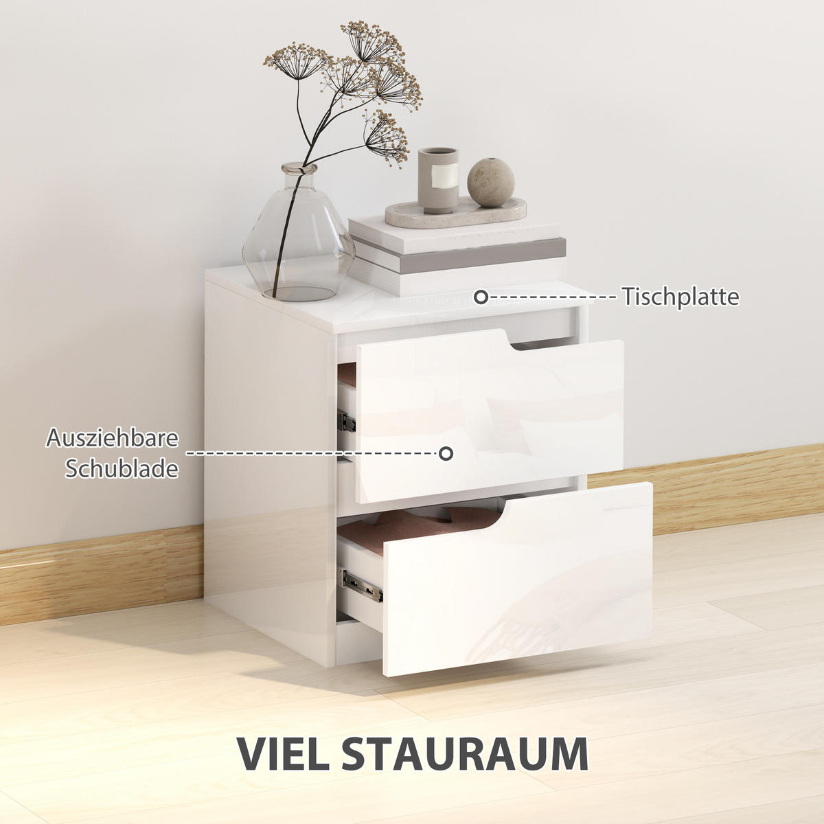 NACHTSCHRANK mit 2 Schubladen, 40 x 40 x 48 cm, Hochglanzweiß - Weiß, Holzwerkstoff (40/48/40cm) - HOMCOM