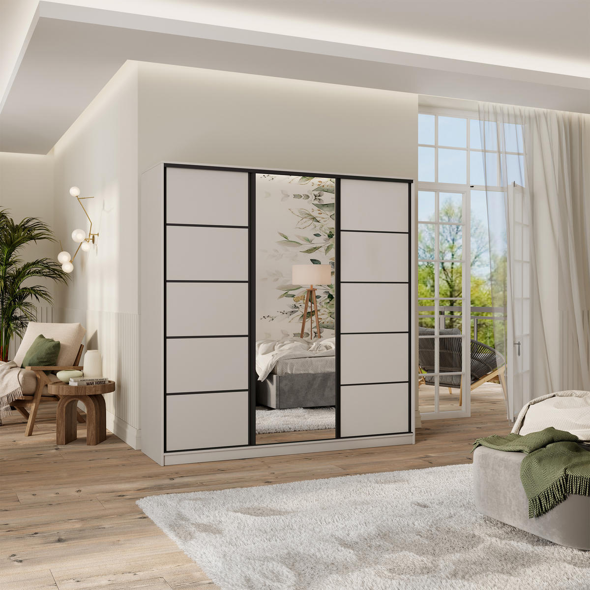 SCHWEBETÜRENSCHRANK PINA 180/205/58 cm 3-türig mit Spiegel und Schubladen Kaschmir - Kaschmir/Schwarz, Holzwerkstoff (180/205/58cm) - MASSENO