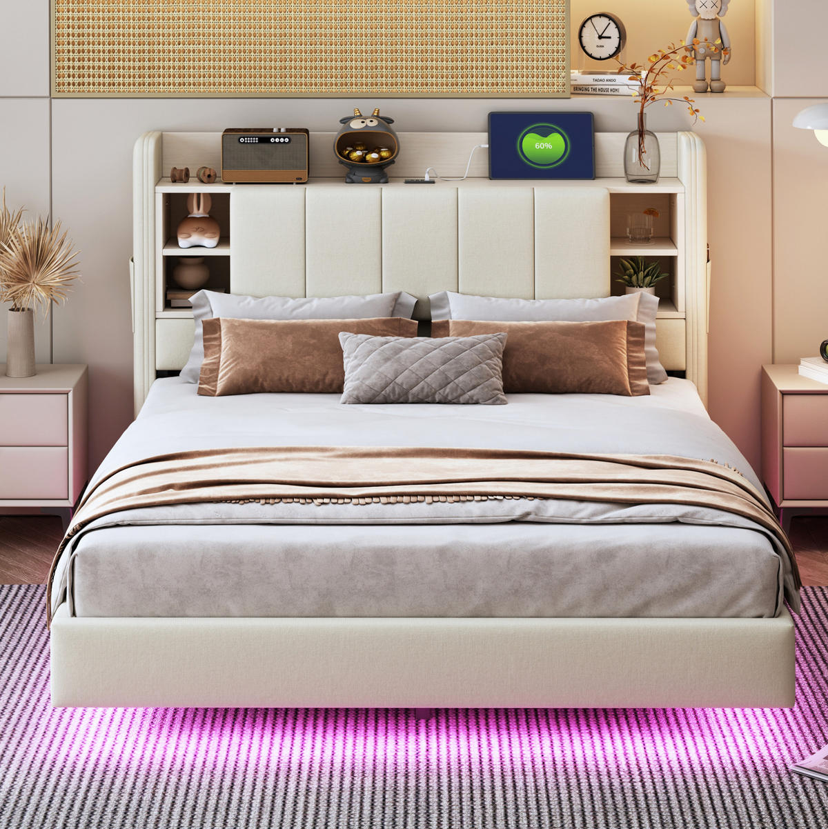 POLSTERBETT mit Stauraum, LED und USB 140x200 cm Beige - Beige, Metall (140/200cm) - Meubliv