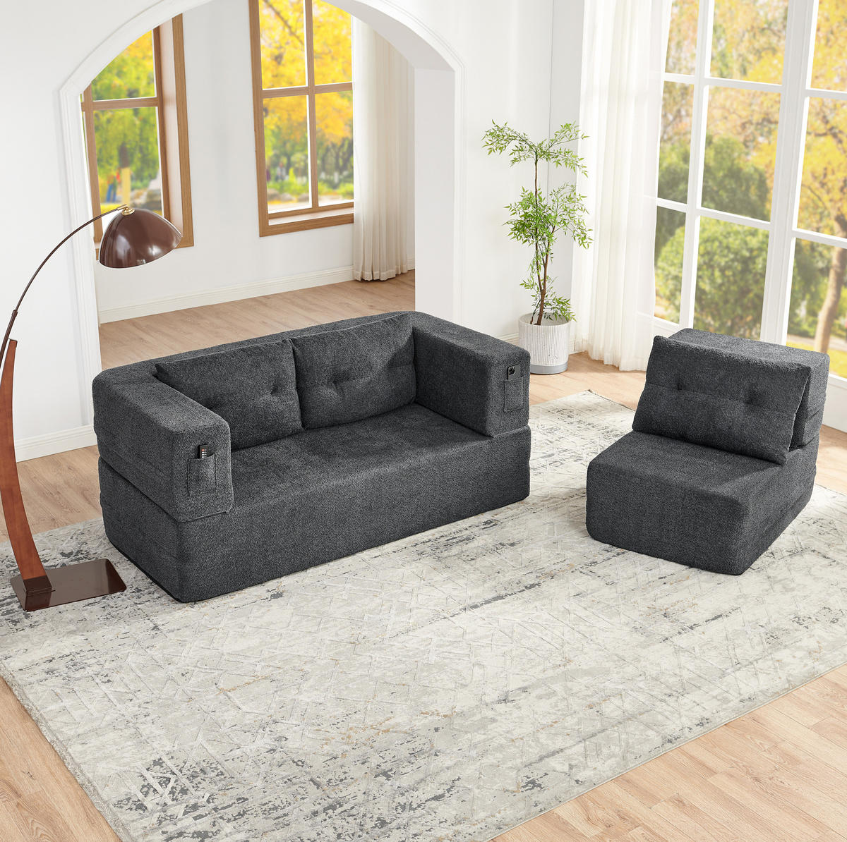 SCHLAFSOFA 2-in-1 2-Sitzer mit Sessel Stoff Dark Grey 2-tlg. - Dunkelgrau, Holzwerkstoff (194/39/199cm) - Meubliv