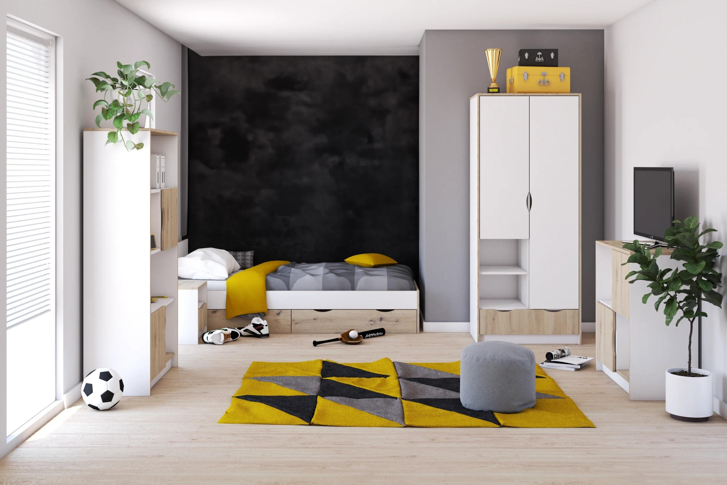 JUGENDZIMMER-SET JUMI B 5-teilig in Weiß/Eiche Artisan - Weiß/Eiche Artisan, Holzwerkstoff (374/193/205cm) - Deine Möbel 24