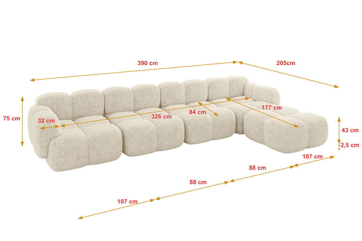 ECKSOFA modulares Sofa Rechts Miko-L3 390x205x75 Creme Velours - Creme/Schwarz, Holzwerkstoff/Kunststoff (390/205cm) - ALTDECOR
