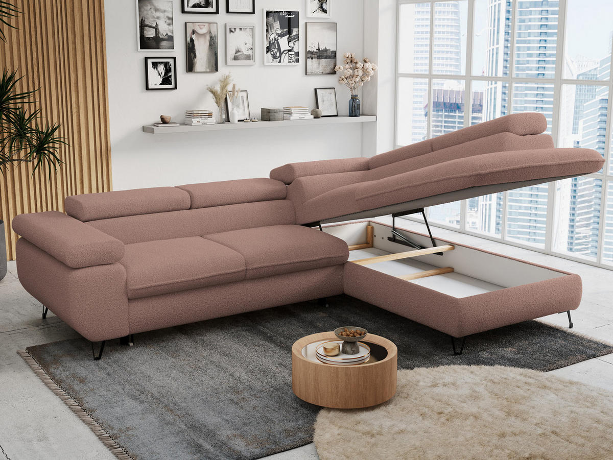 ECKSOFA PETER L Rosa Boucle - Rechts Seite - Schwarz/Rosa, Textil/Metall (273/208cm) - MKS
