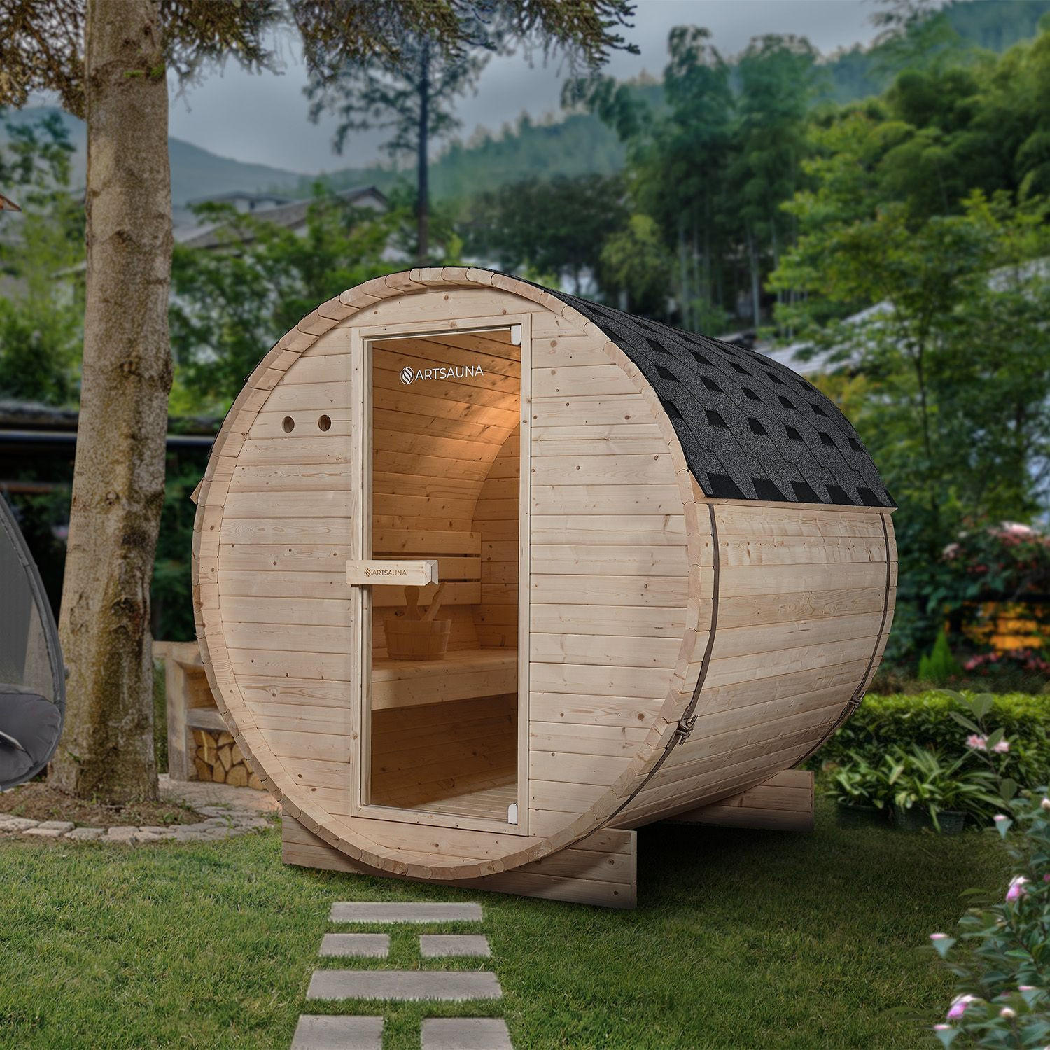 FASSSAUNA Spitzbergen 180 cm mit 6 kW Saunaofen (4 Personen) - Naturfarben, Holz (191/193/180cm) - Artsauna