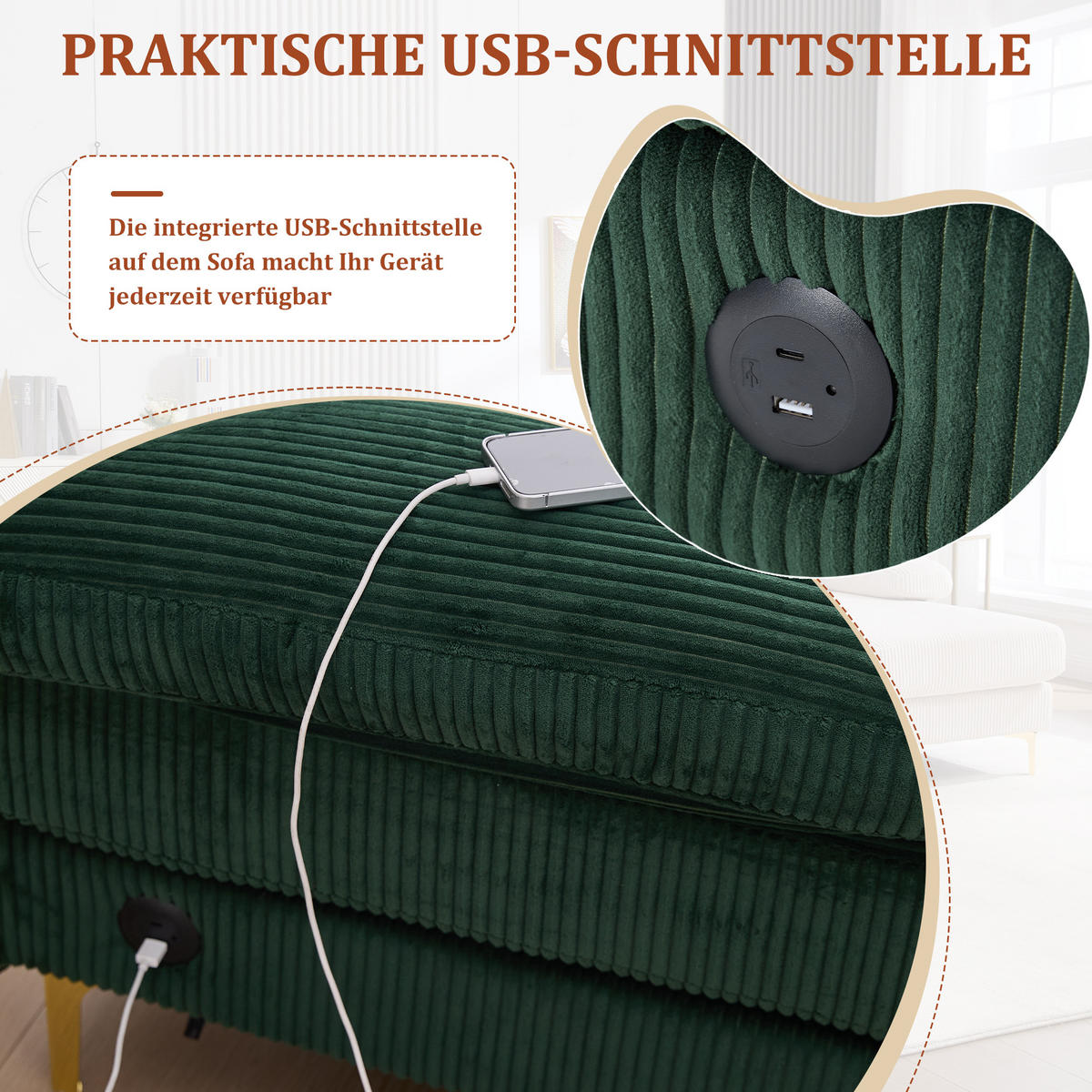 U-FORM Wohnlandschaft Samt mit LED und USB-Anschluss 265/135/88 cm Smaragdgrün - Smaragdgrün, Textil (135/88/265cm) - Redom