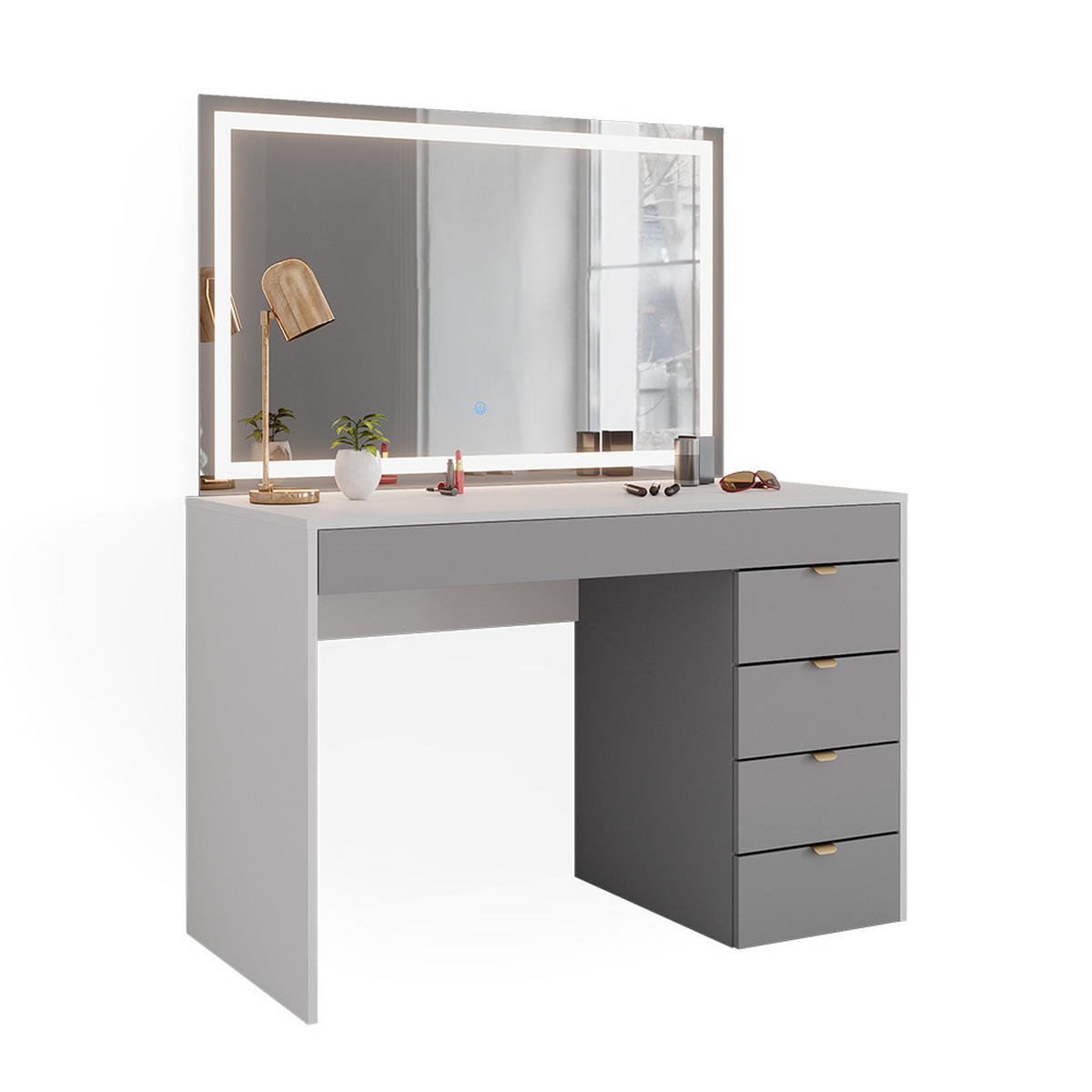 SCHMINKTISCH Elise Weiß/Grau/Grau 115 cm mit LED-Spiegel - Weiß/Grau, Holzwerkstoff (115/76/55cm) - Vicco