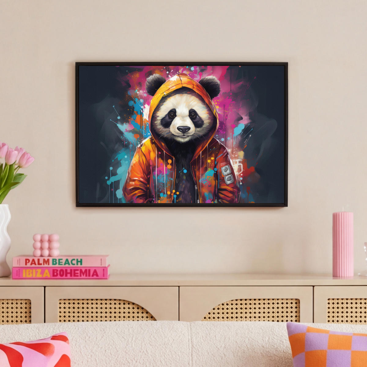LEINWAND Bilder mit Rahmen - Panda - Jacke - Graffiti - Orange - 60x40 - Orange, Textil (60/40cm) - MuchoWow