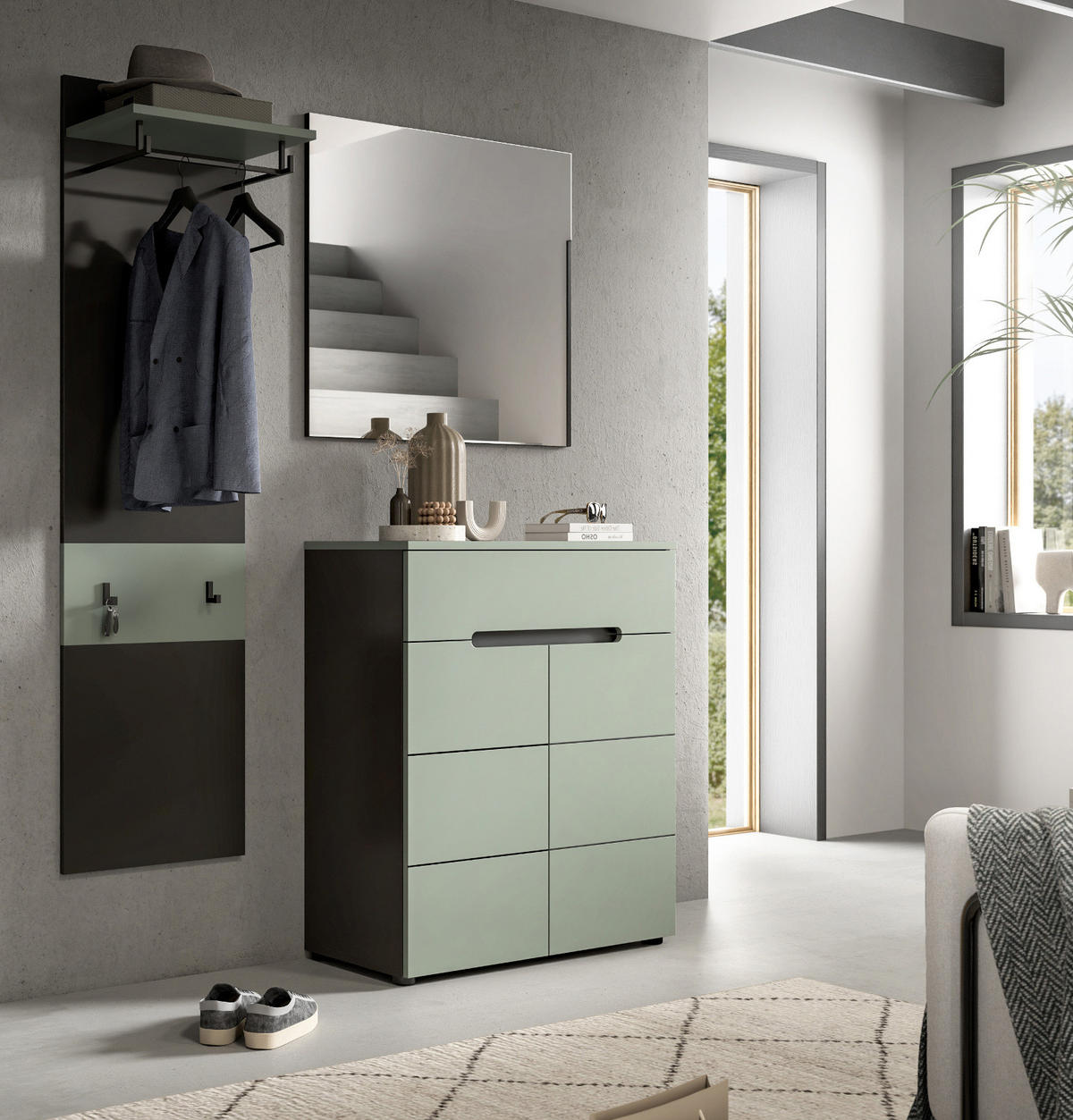 GARDEROBE-SET Salbei und grau, Garderobe 3-teilig, 140 x 190 cm, Soft-Close, Cooper - Salbeigrün/Dunkelgrau, Holzwerkstoff/Kunststoff (140/190/37cm) - Inn.Furn