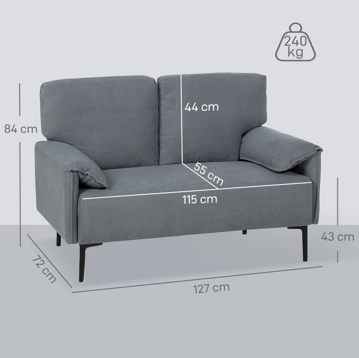 2-SITZER 127/72/84 cm Grau aus Metall mit Rückenkissen - Grau, Metall (72/84/127cm) - OKMYHOME