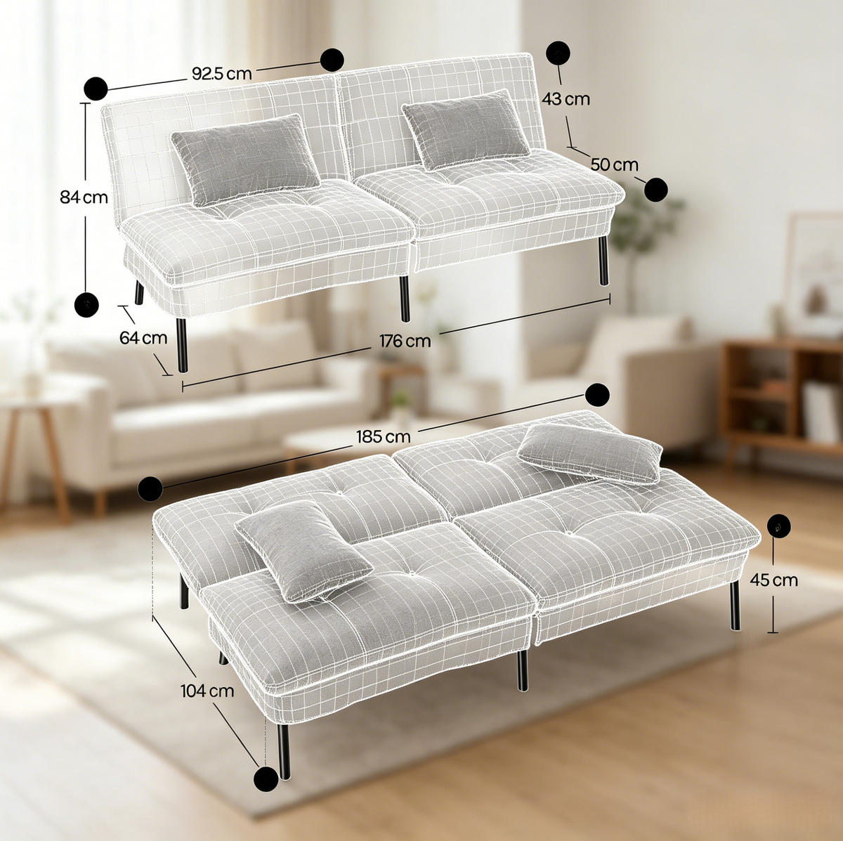 SCHLAFSOFA 2-Sitzer mit verstellbarer Rückenlehne 176 cm Dunkelgrau - Dunkelgrau, Metall (176/84/64cm) - Meubliv