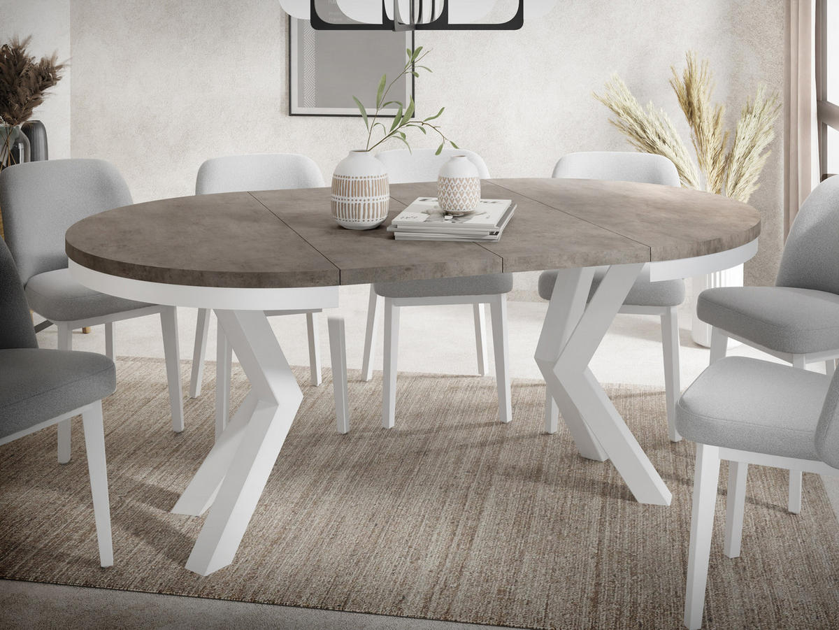 ESSTISCH Clara Weiß runder ausziehbarer, Dunkelgrauer Chicago Beton 100-180/100/76 cm - Dunkelgrau/Weiß, Holzwerkstoff/Metall (100/100/76cm) - WFL GROUP