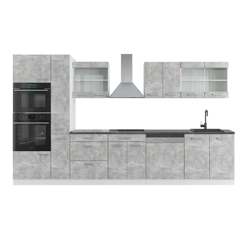 KÜCHENZEILE R-Line Beton/Weiß 350 cm mit Hochschrank, AP Anthrazit - Schieferfarben/Weiß, Holzwerkstoff (350/81.6/60cm) - Vicco