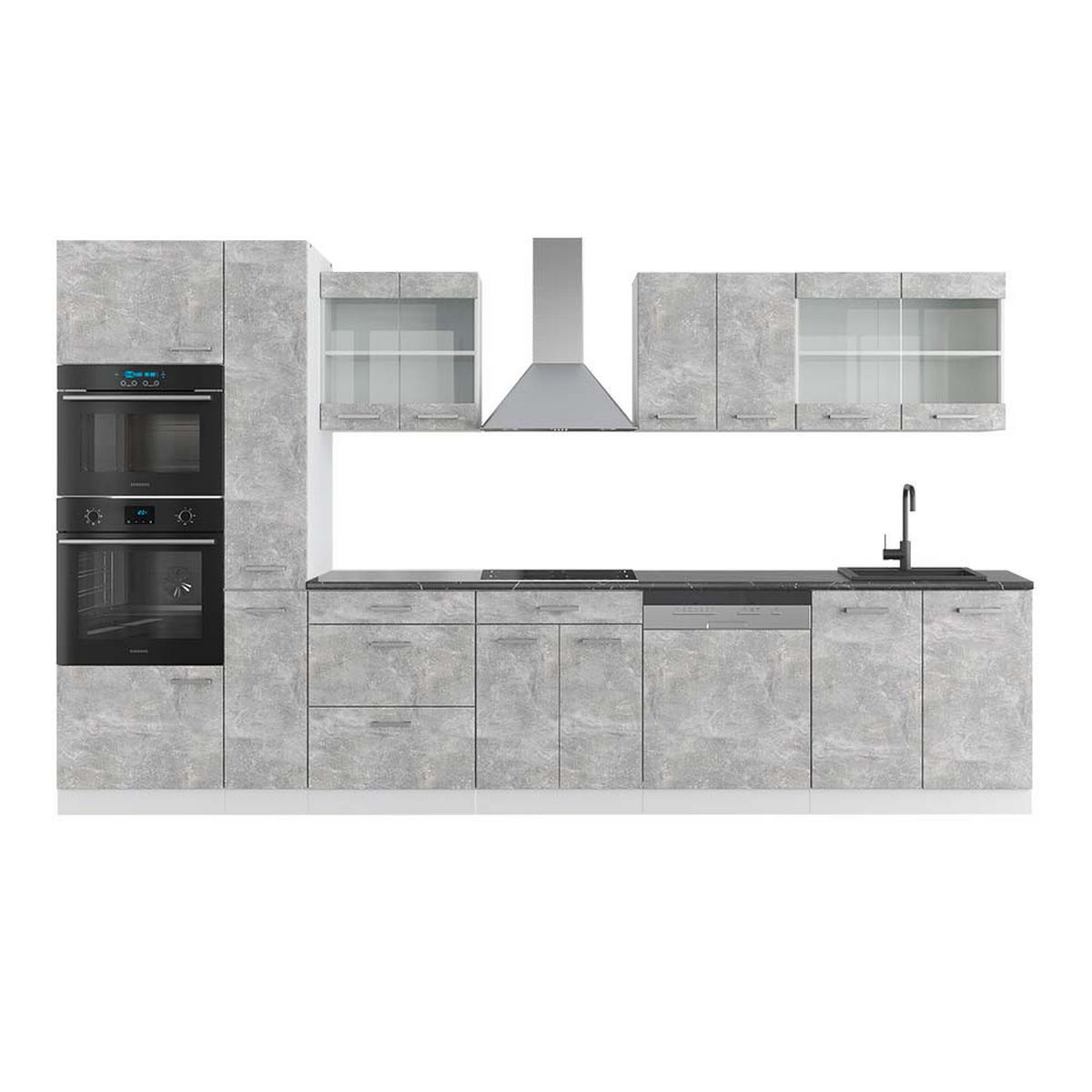 KÜCHENZEILE R-Line Beton/Weiß 350 cm mit Hochschrank, AP Anthrazit - Schieferfarben/Weiß, Holzwerkstoff (350/81.6/60cm) - Vicco