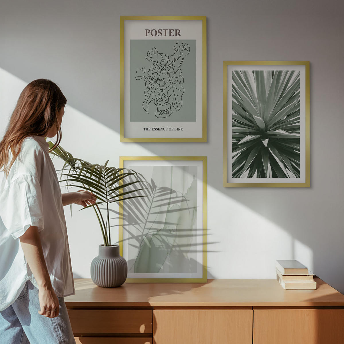 WANDBILDER 3er Set - 40x60 cm Goldrahmen - Pflanzenmuster in Grün - Goldfarben, Kunststoff (40/60cm) - ArtPrintCave