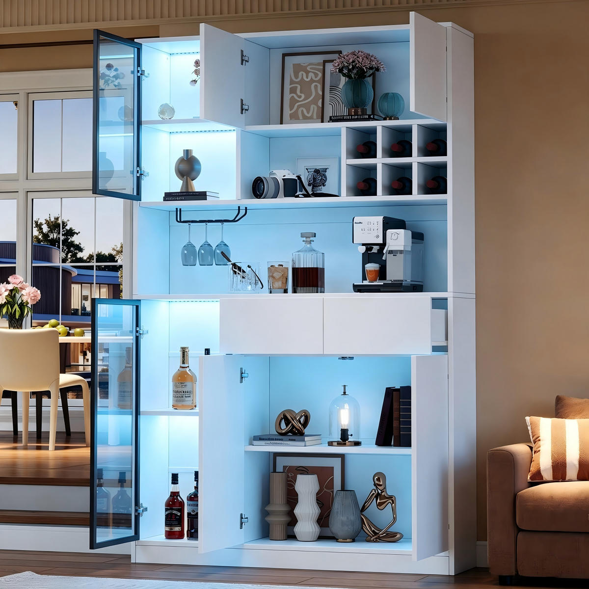 HOCHSCHRANK 120x33x200 cm mit 6 Türen, 2 Schubladen und LED - Weiß, Holzwerkstoff (120/200/33cm) - FLIEKS