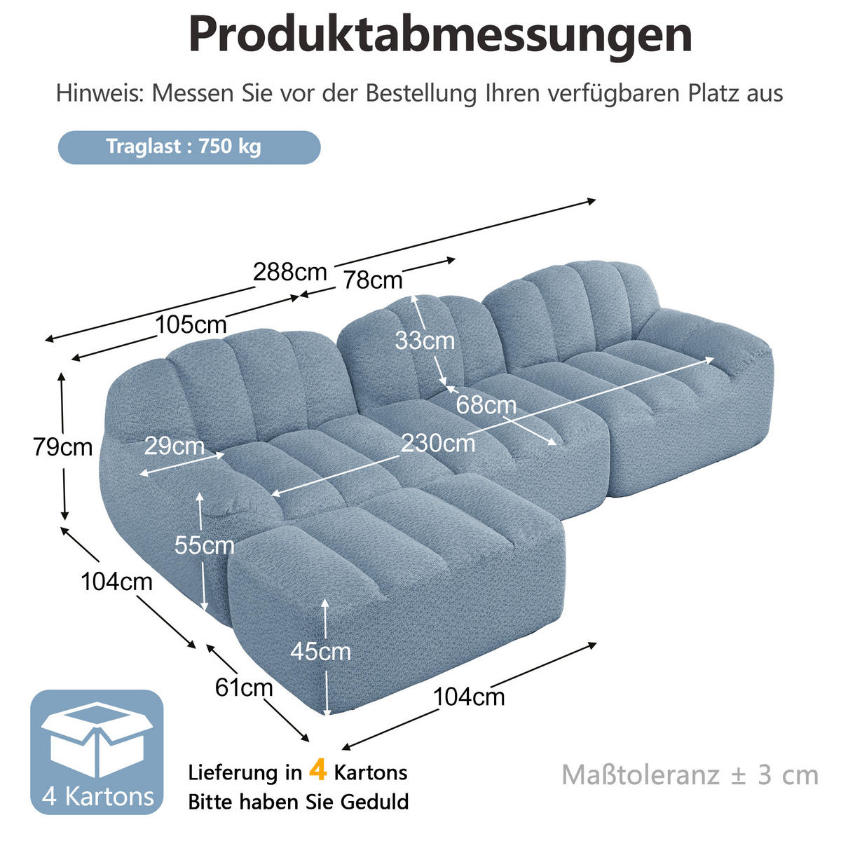 ECKSOFA 288/165/79 cm Blau Granulatvlies mit 1 Fußhocker - Blau, Textil (288/165cm) - Oxeza