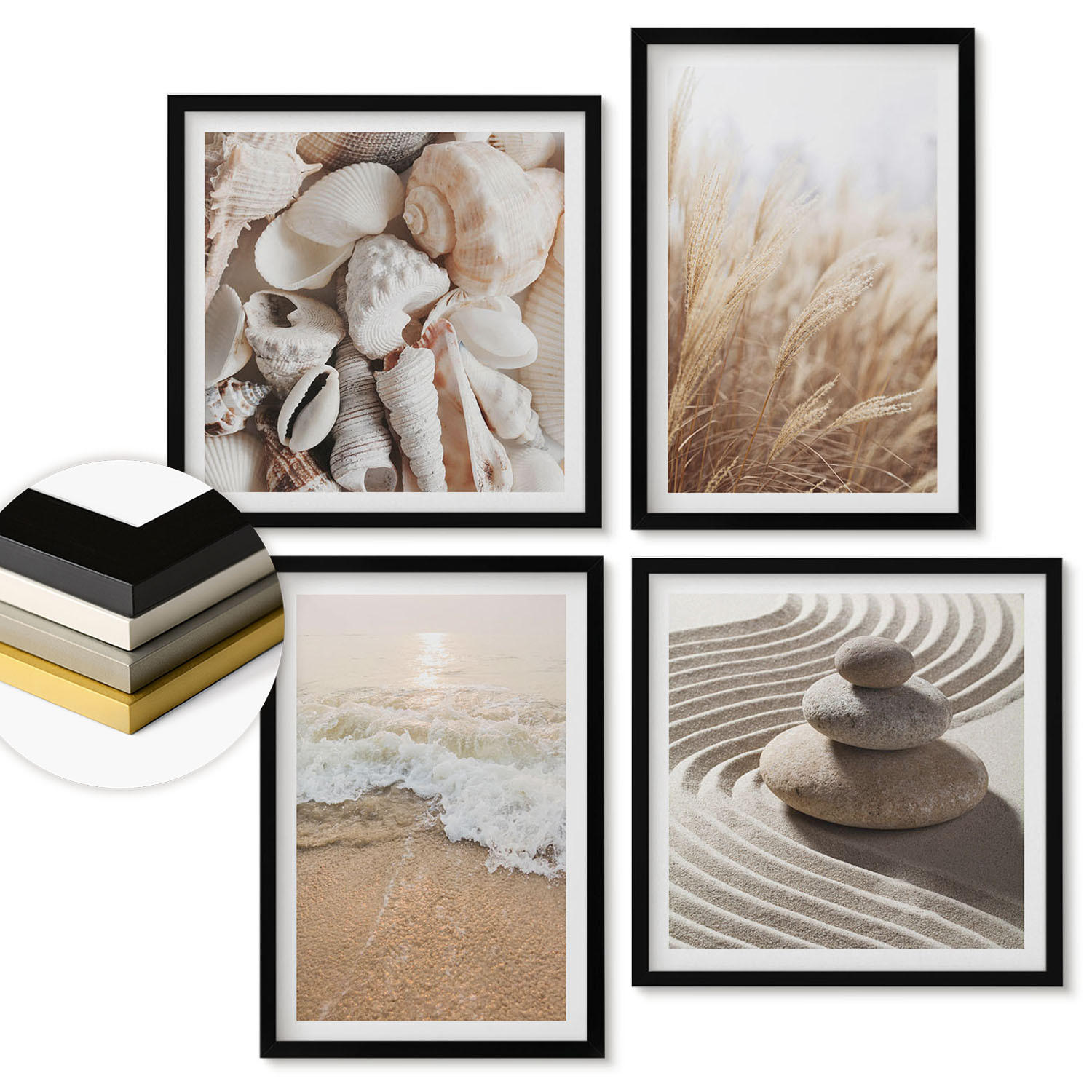 WANDBILDER 4er-Set - 50x50 cm & 40x60 cm Schwarzer Rahmen - Strandmotive, Muscheln, Wellen - Schwarz, Kunststoff (50/50cm) - ArtPrintCave