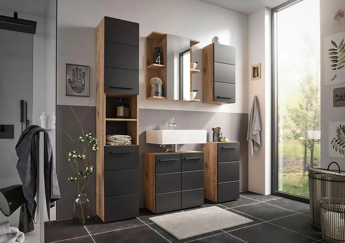 UNTERSCHRANK mit 1 Tür - Matt Schwarz / Eiche Viking Dekor - Braun, Holzwerkstoff (34/72/31cm) - home24