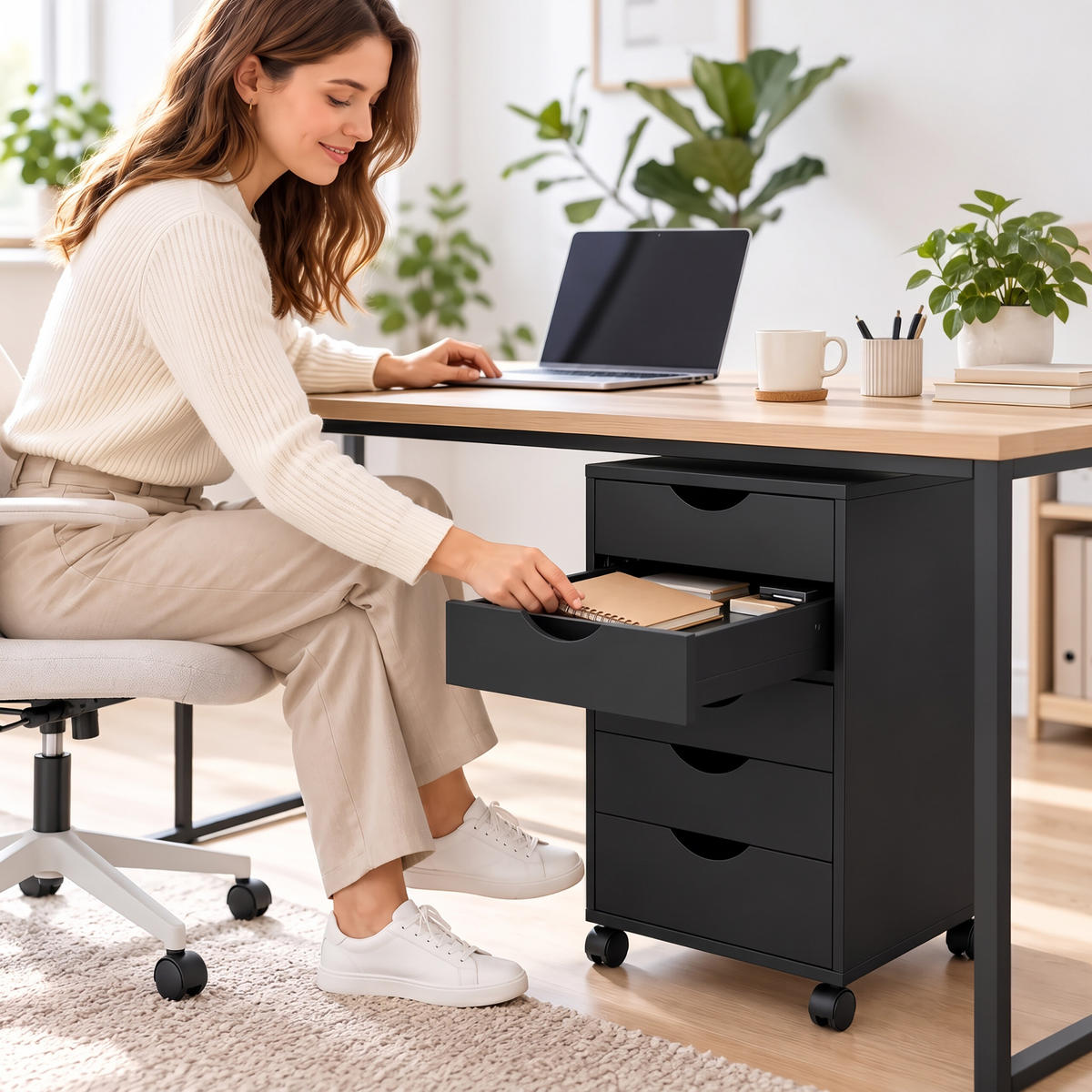 ROLLCONTAINER Schwarz 5 Schubladen auf Rollen 69 cm - Schwarz, Holzwerkstoff/Kunststoff (45/69/40cm) - Relaxdays
