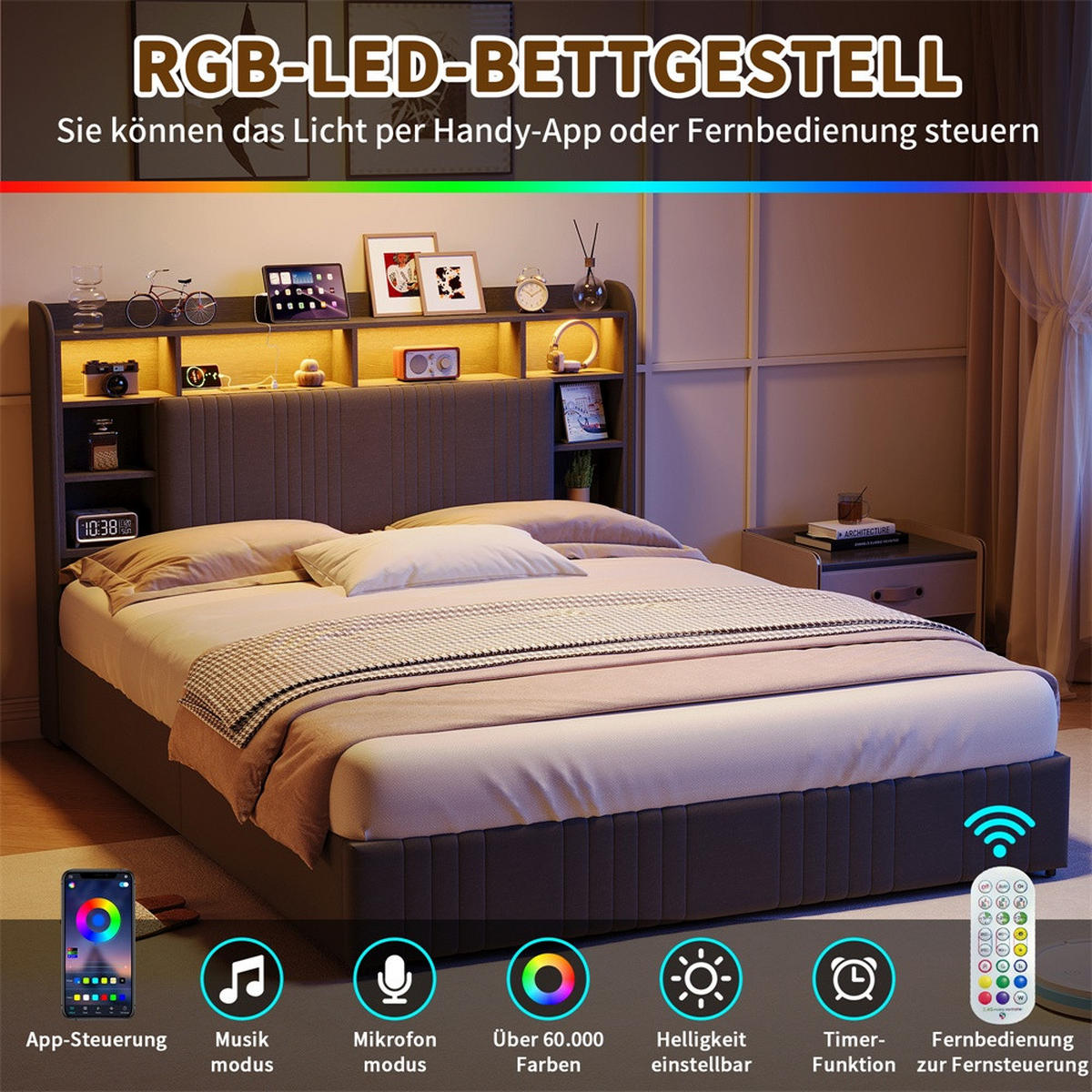 POLSTERBETT 160x200 cm mit 4 Schubladen - LED-Beleuchtung - Gepolstertes Kopfteil mit Stauraum - Grau - Grau, Textil (160/200cm) - DELFA