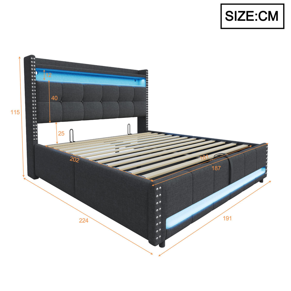 POLSTERBETT mit LED-Beleuchtung 180/200 cm mit Bettkasten und USB-Anschluss - Grau, Textil (180/200cm) - BEAOK