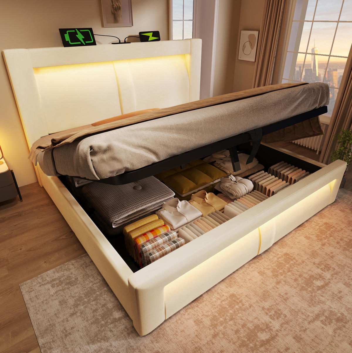 BETT mit Stauraum 140x200 cm Samt Beige mit LED - Beige, Metall (140/200cm) - Meubliv