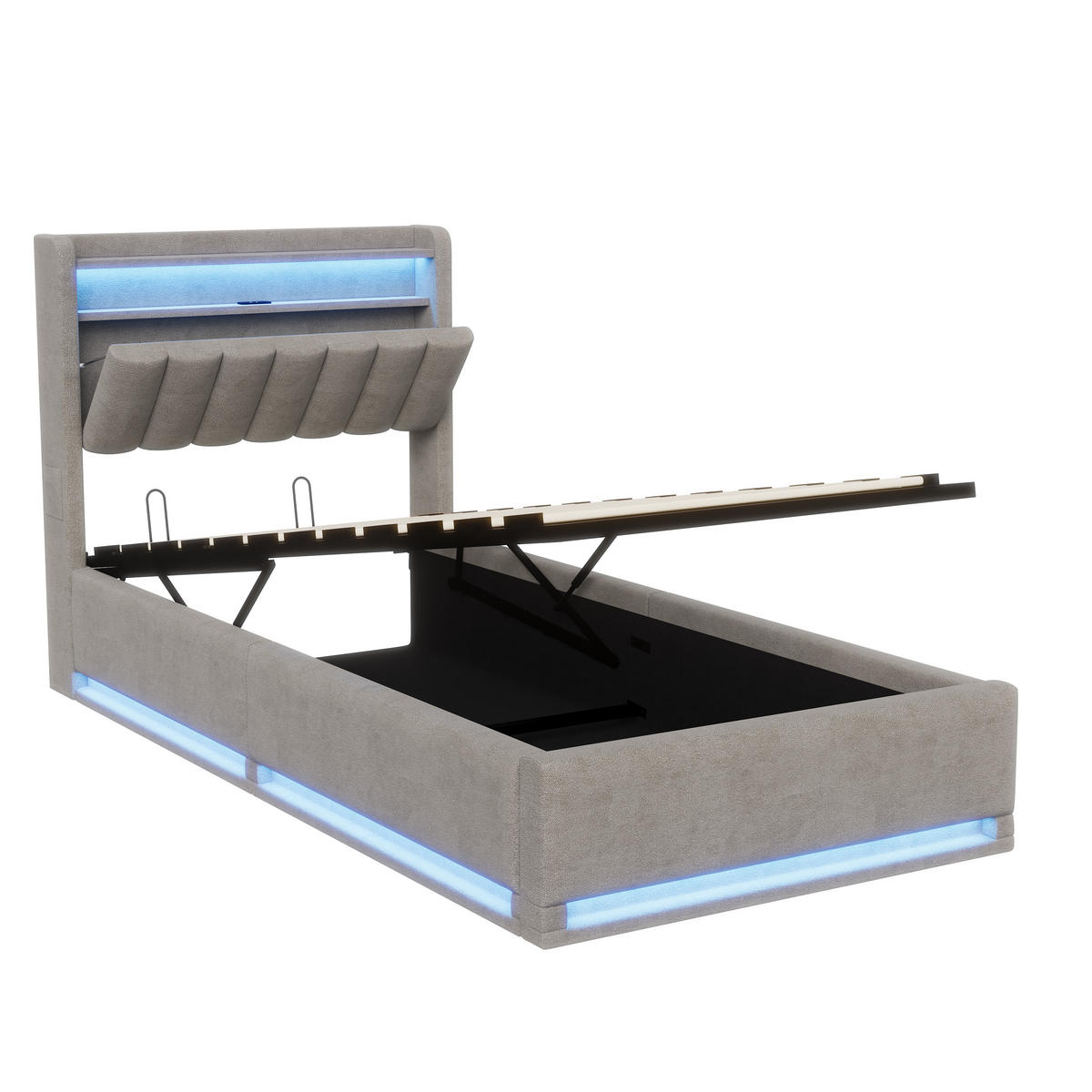 POLSTERBETT 90x200 cm LED Stauraum Lattenrost Kopfteil grau - Grau, Holz (90/200cm) - LEBENLANG