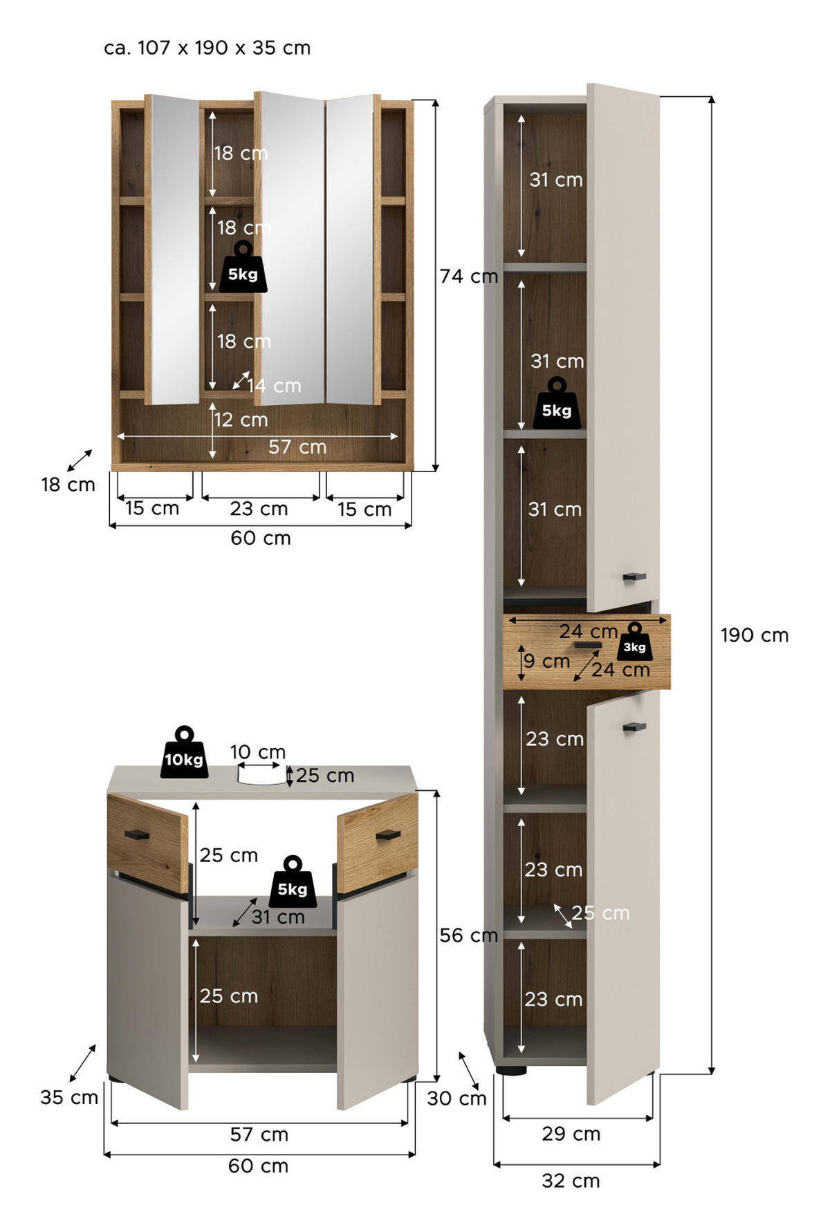 BADMÖBEL-SET Kaschmir, Evoke Eiche 3-teilig 107 cm, Komplettset mit viel Stauraum - Kaschmir/Eichefarben, Glas/Holzwerkstoff (107/191/35cm) - Inn.Furn