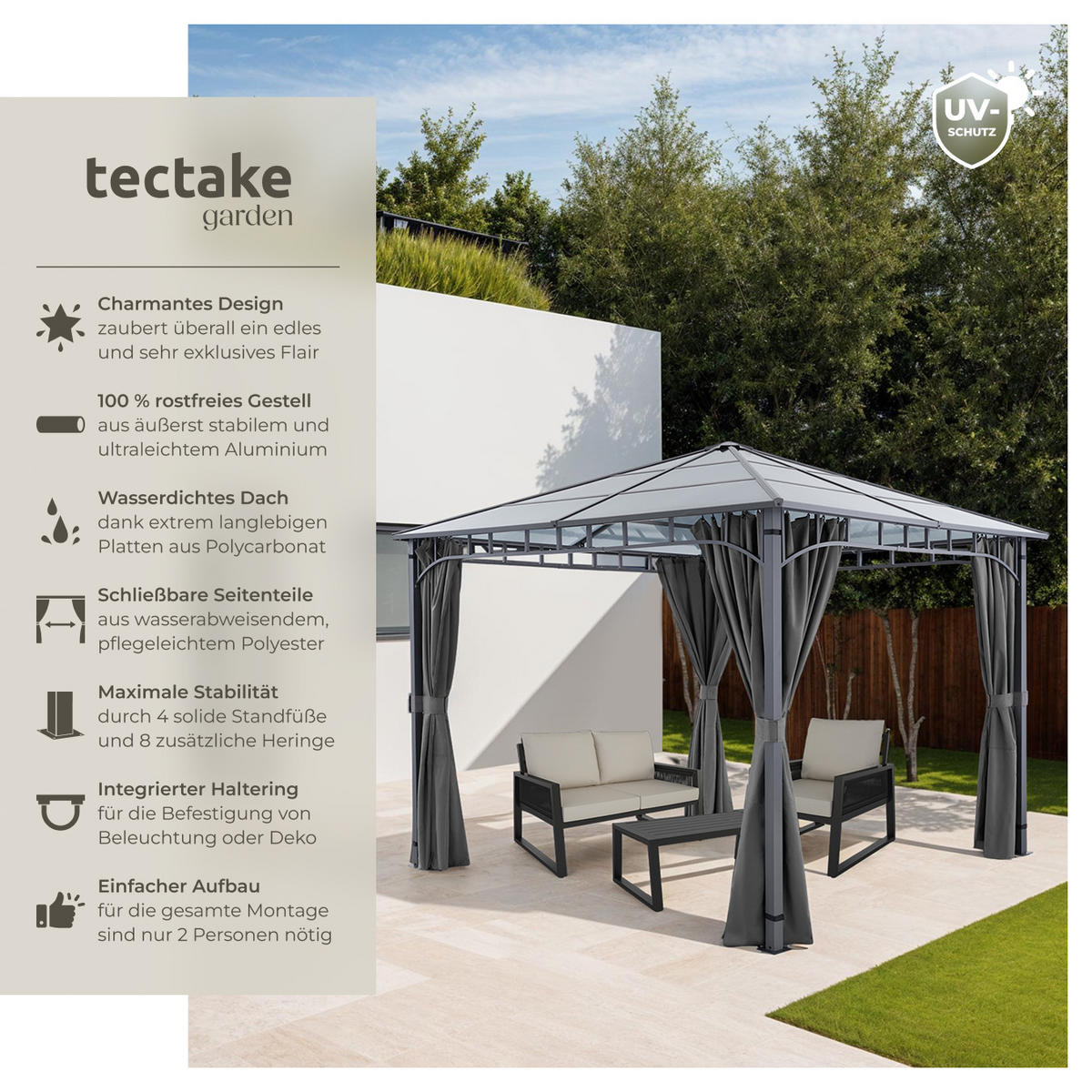 GARTENPAVILLON Caracas,inklusive 8 Heringen,grau - Grau, Kunststoff (297/270/297cm) - tectake